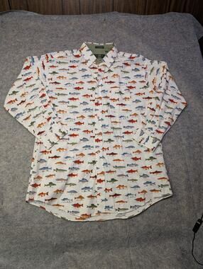 VTG 90s Orvis XXL Freshwater Game Fish AOP Shirt USA Trout Bass Single Needle